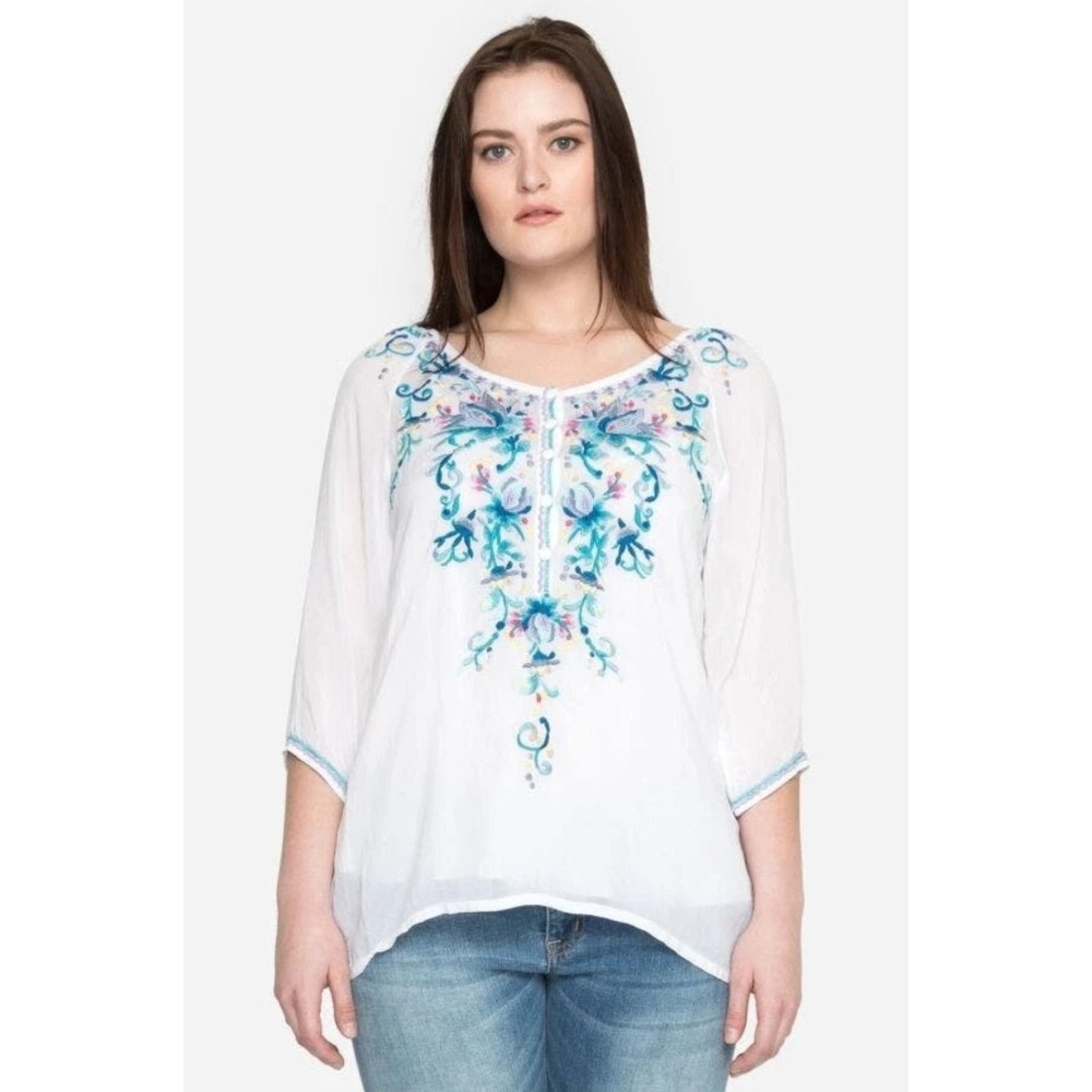 Johnny Was Blue Moon 3/4 Sleeve Embroidered Georgette Top Tunic Sz 3X Plus Size